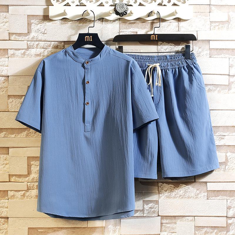 Men's Stand Collar Retro Short Sleeve T-shirt & Shorts Set, Solid Color National Style, 2022.