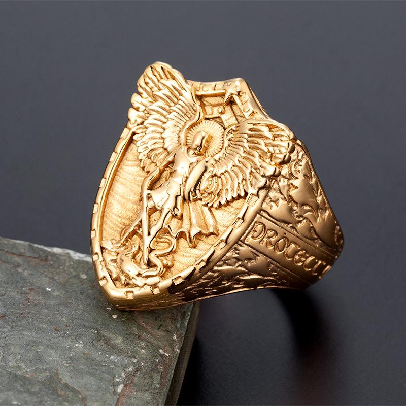 New Jewelry Archangel Michael Ring for Men Gold black color 316L Stainless Steel Band Male Gift Jewelry