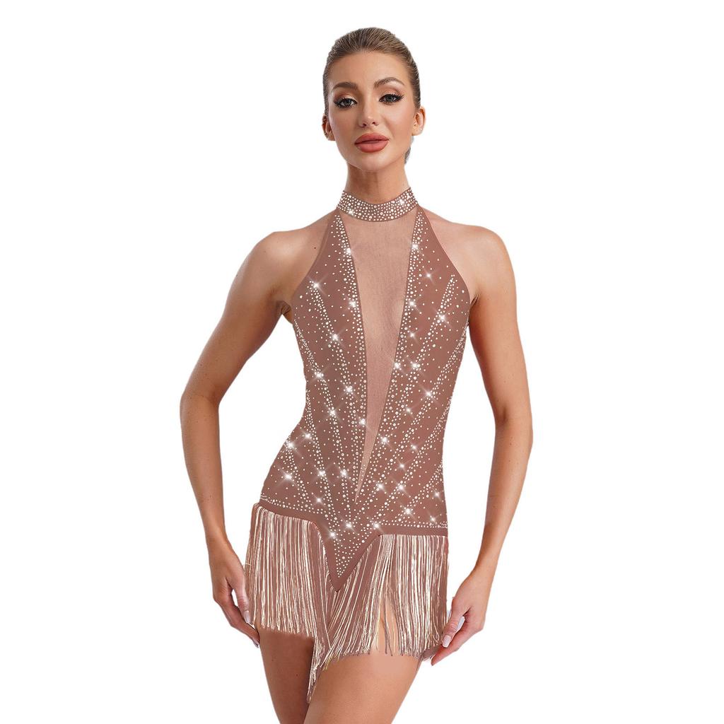 Damen Latein Tanz Trikot Ärmellos Transparentes Mesh Patchwork Glänzende Strasssteine Fransen Body Tango Kostüm