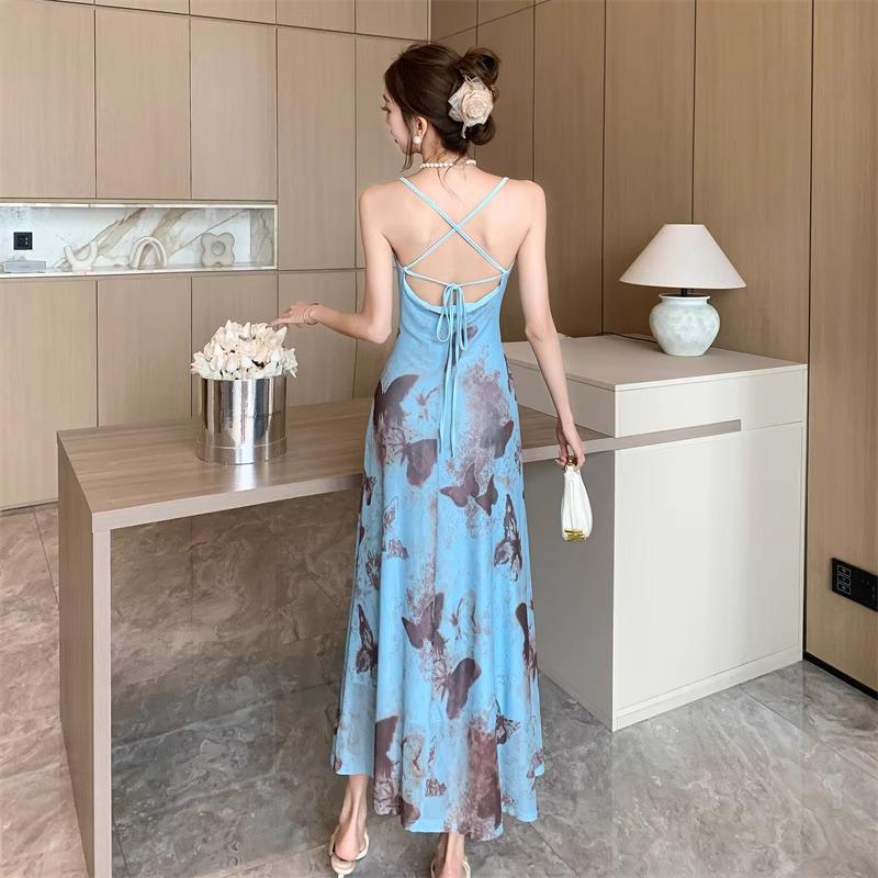 French Blue Butterfly Floral Mermaid Dress: Women's Slim Fit A-line for Summer Resort