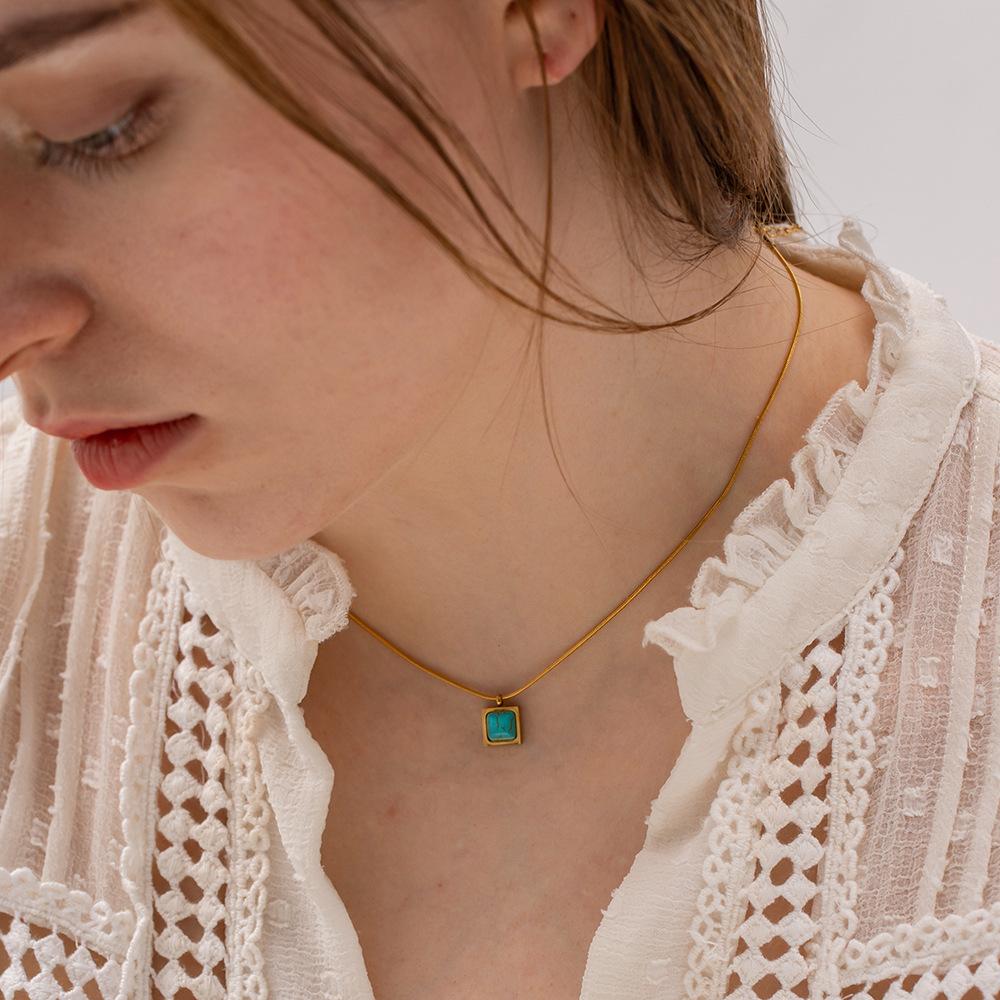 Geometric Style 18k Gold Stainless Steel Necklace With Blue Peacock Stone Trendy And Stylish