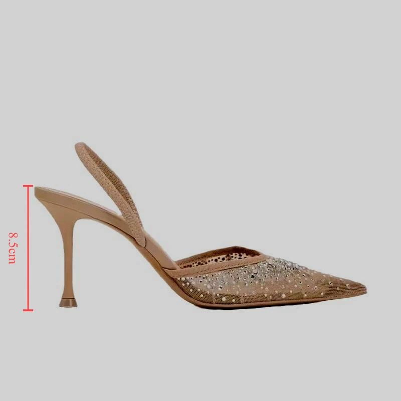 Fashion 2025 Women High Heels Sandals Glitter Rhinestone Pointed Slingbacks Designer Summer Mesh Elegant Ladies Party Wedding Shoes