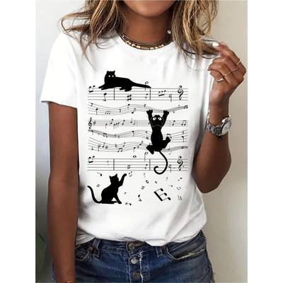 Cat & Sheet Music Print T-Shirt, Casual Crew Neck Short Sleeve Top For Spring & Summer, Women'S Clothing Oversized T Shirt