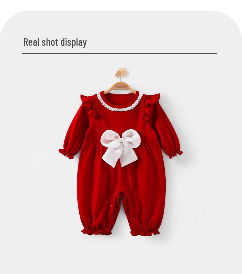 Youqi 2026 Autumn Baby Red Long-Sleeve Romper for Hundred Days Birthday Celebration