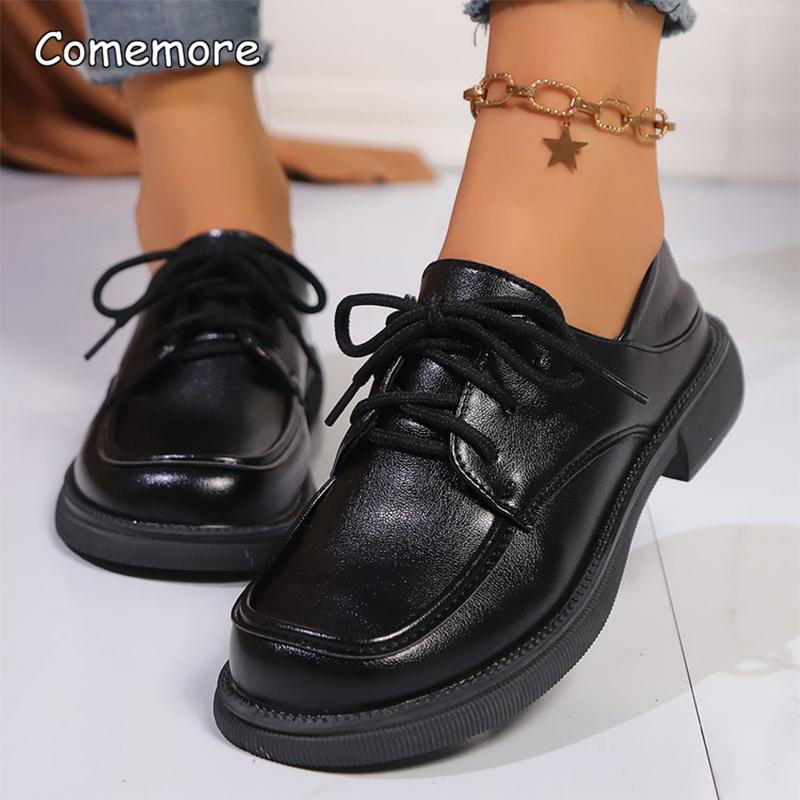 Fashion Fashion Pu Leather Loafers Women 2025 Non Slip Black Lace Up Mid Heel Pumps Square Toe Platform Casual Shoes Zapatos De Mujer