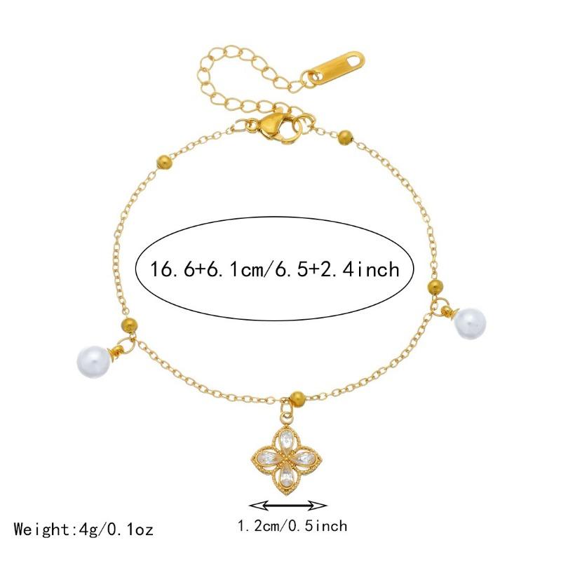 Gold Plated Clover Emerald Cubic Zirconia Pearl Bracelet