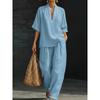 2026 Spring/Summer Hot-Selling V-Neck Short-Sleeve Top Set, Fashionable Casual Wide-Leg Pants Set