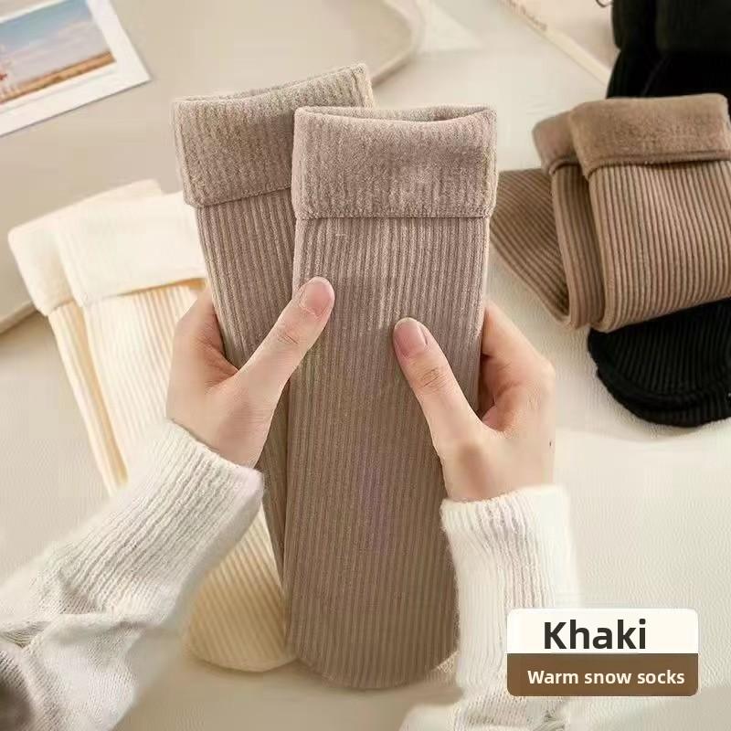 5-1 Pairs Ladies' Autumn and Winter Thick Warm Floor Socks, Plus Size Vertical Stripe Snow Socks, Tube Style Fleece Lined Warm Socks