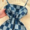 Summer Women Vintage Spaghetti Strap Designer Plaid Denim Party Mini Short Dresses
