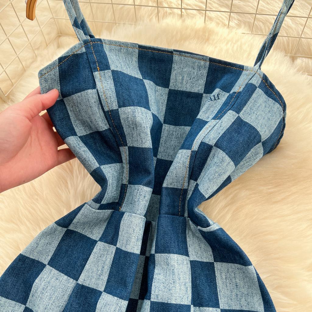 Summer Women Vintage Spaghetti Strap Designer Plaid Denim Party Mini Short Dresses