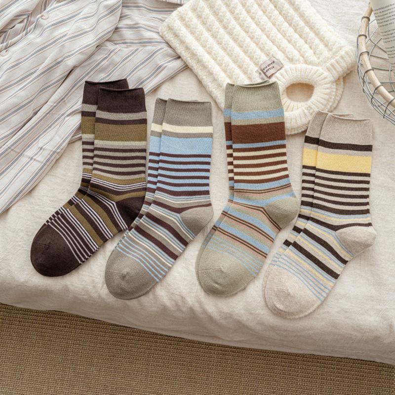 Women'S Autumn And Winter  Retro Style Striped Seamless Layered Socks