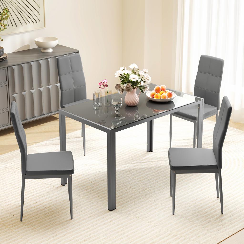 5-Piece Kitchen Dining Table Set with 4 Faux Leather Metal Frame Chairs Glass Tabletop Desk for Dining Room, Kitchen, Dinette, Grey