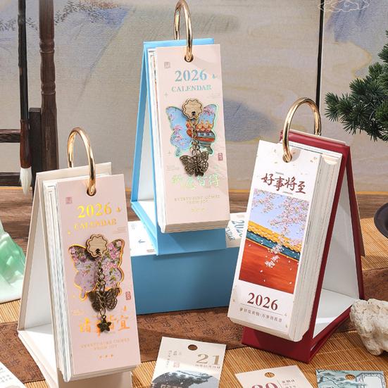 2026 Vintage European Style Oil Painting Flip Calendar January-December Desk Planner with Butterfly Pendant Desktop Monthly Organizer for Home Office