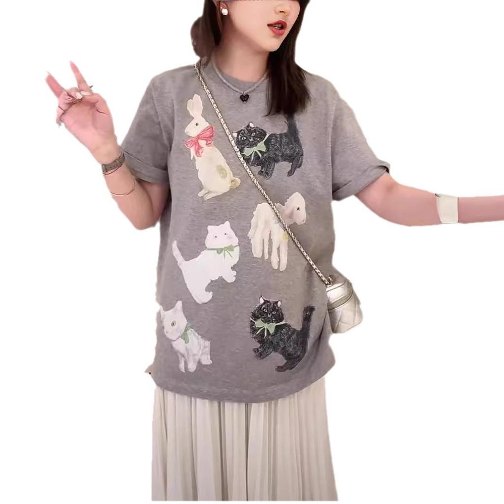 European retro pure cotton cartoon dog cat print short-sleeved T-shirt women's summer loose large size versatile top tide