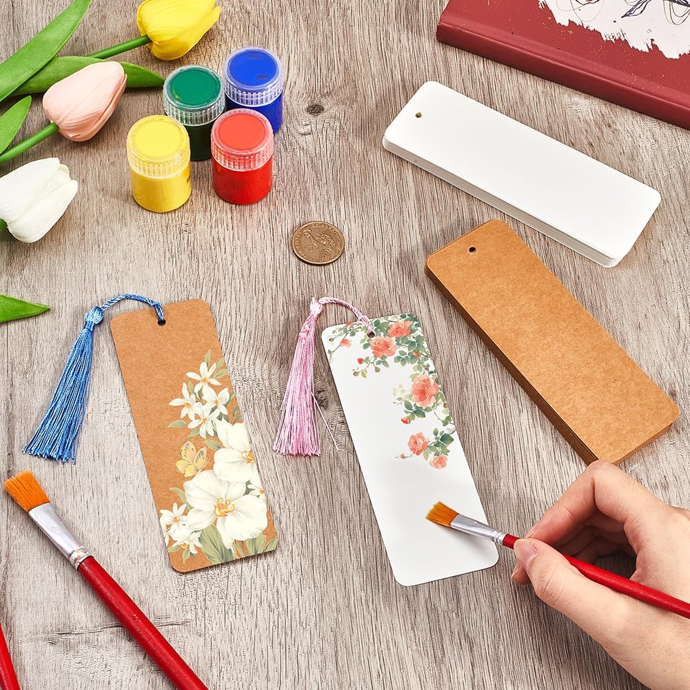 120Pcs 5.5 X 2In Kraft Paper Blank Bookmarks Cardstock Brown White Book Marks with 60Pcs Tassels Hanging Gift Tags Bookmark Making Kits for DIY Craft