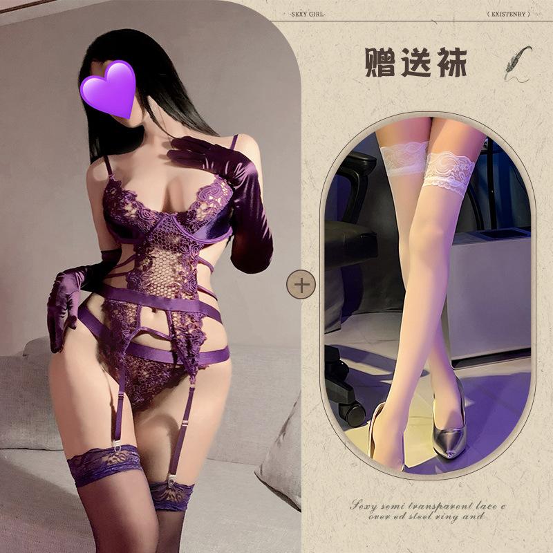 Purple sexy underwear seduction embroidery silk surface steel ring silk style suit