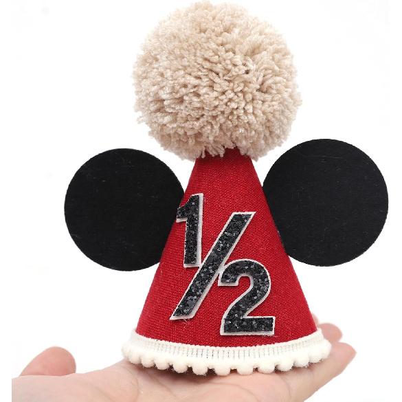 Mouse 1/2 Birthday Hat - Mouse Half Way To One Party Decorations,Mouse Ears Cake Smash Hat,Red Black Mouse Party Hat,6 Months Birthday Photo Props