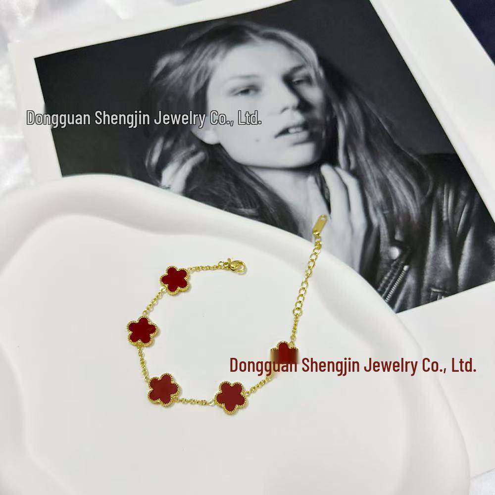 18K Rose Gold Women's Bracelet with Five-Leaf Clover, Red Agate, White Mother-of-Pearl, and Diamond Inlays