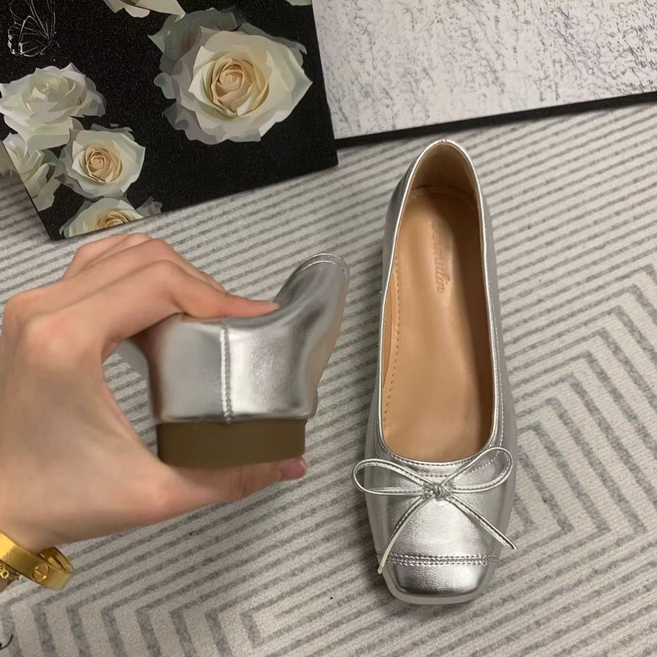 

Lan Cabinet 2025 spring and summer new 5CM inner height increase women s shoes square head bow Mary Jane ballet shoes temperament single shoes 39 серебряный