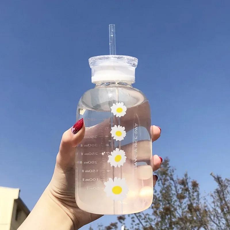 300-750ml Double Lid Water Bottle High Borosilicate Glass Water Cup with Straw Korean Portable Milk Juice Cup with Time Marker