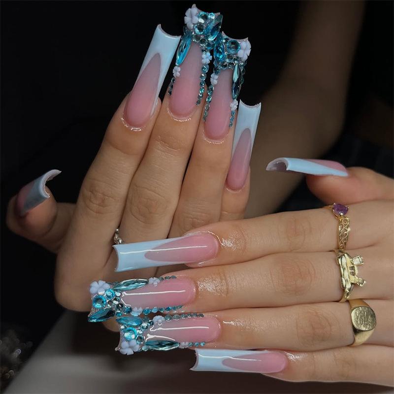 24Pcs Long Square Press On Nails Leopard Print French 3D Cherry Design False Nail Rhinestone Wearable Full Cover Fake Nails Tips
