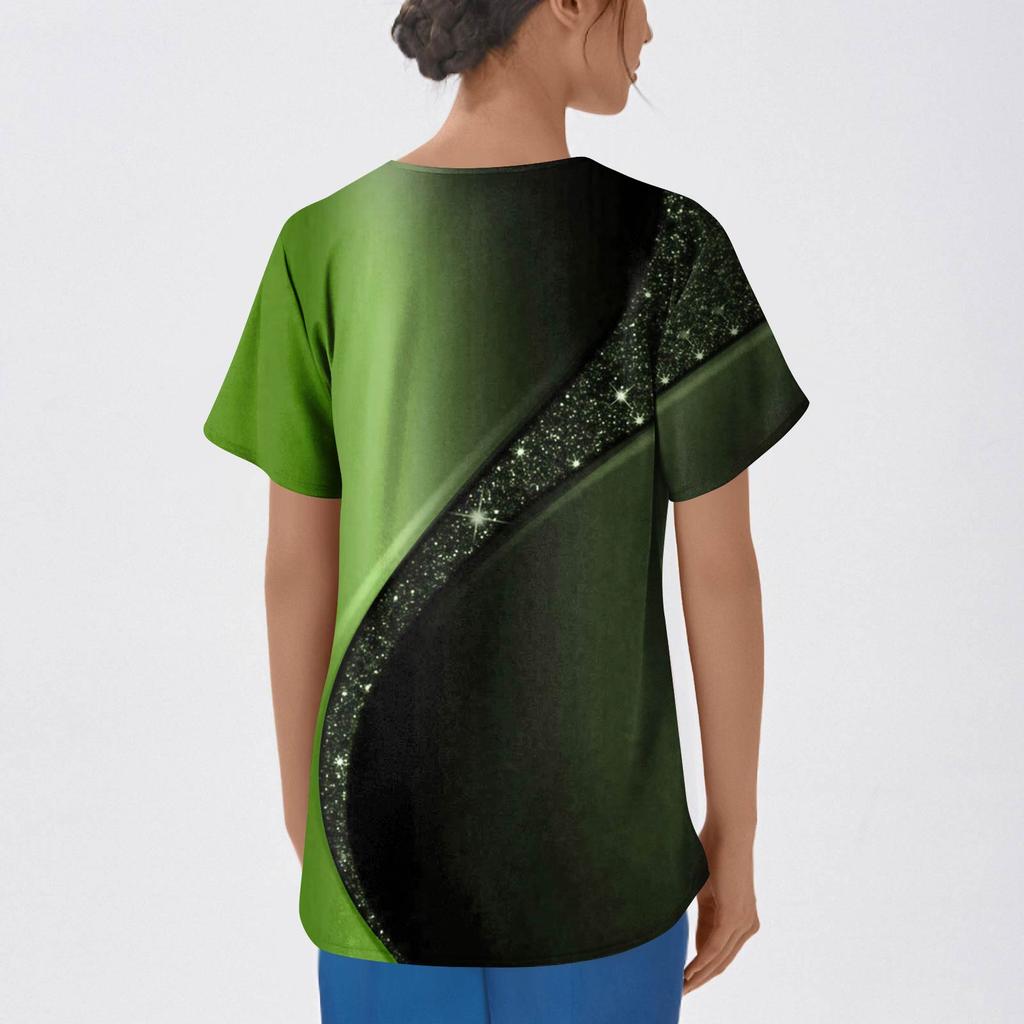 Women's Fashion Printed Short Sleeve V Neck Pattern Tops Pocket Working T-shirts