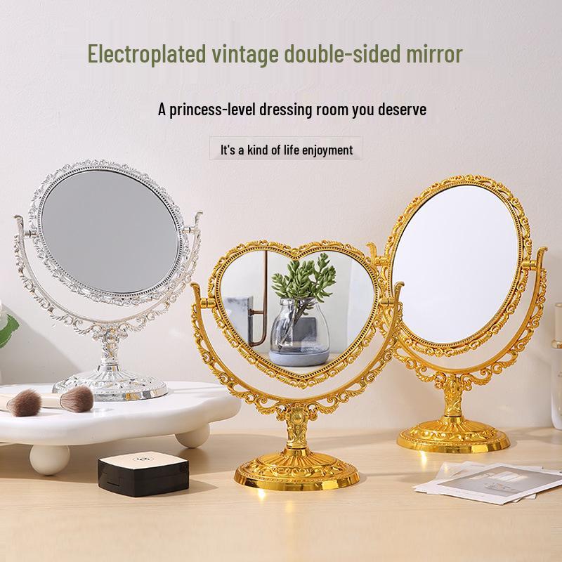 European Heart-Shaped Double-Sided Vanity Mirror - Retro Princess Style for Dormitory or Bedroom Use
