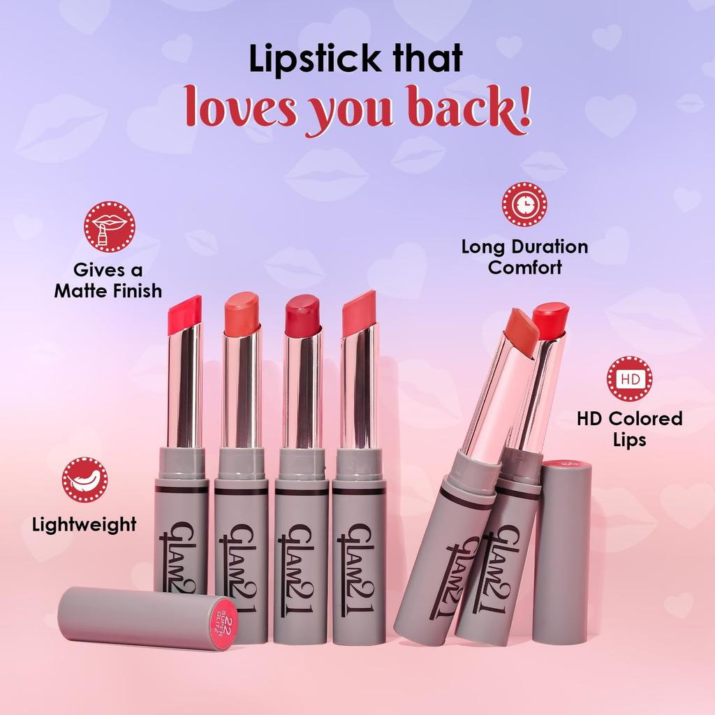 Glam 21 Long Lasting Non-Transfer Lipstick|Creamy Matte Formula | Smudge-Free | HD-Colored lips - 2gm|Dreamy Red-20