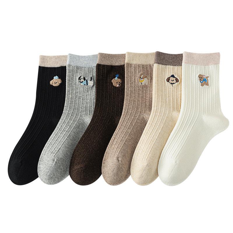 Ladies Spring and Autumn Assorted Colors Cute Embroidery Puppy Drum Pile Socks
