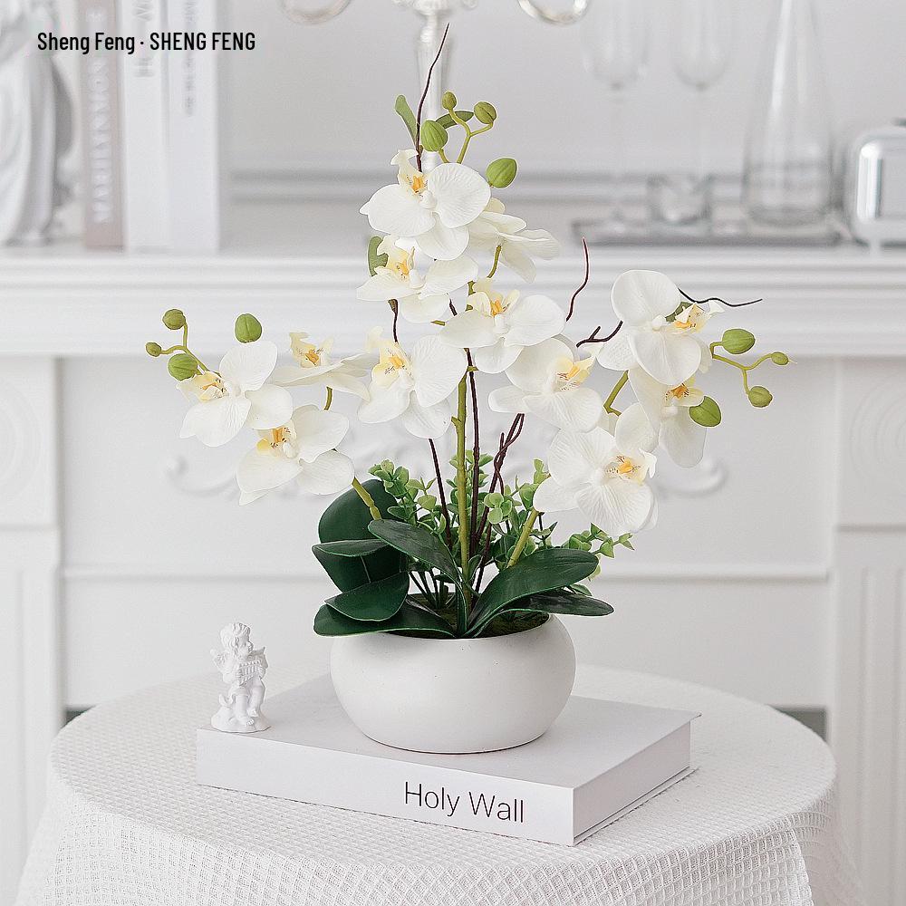Phalaenopsis Artificial Flower Arrangement in Ceramic Pot – Decorative Faux Orchid for Living Room