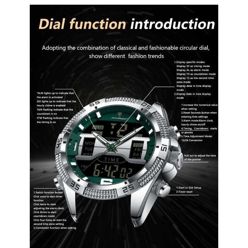 POEDAGAR Sports Luxury Man Wristwatch Dual Time Display Digital Week Date LED Luminous Men Watch Electronic Quartz Watches