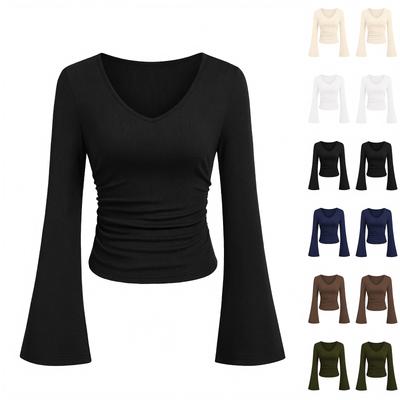 Women's Casual V Neck Long Sleeve Top Flared Sleeve Slim Fit Stretchy Fabric Comfortable Daily Wear