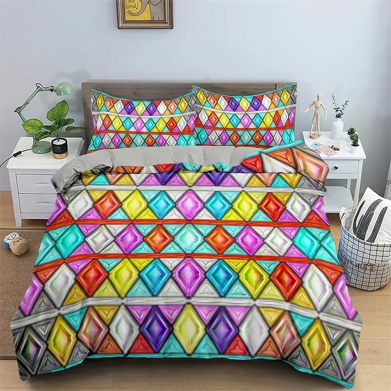 Abstract Geometric Rainbow Plaid Comfortable Duvet Quilt Cover Pillowcase Bedding Set Children Bedroom Decoration Home Textile