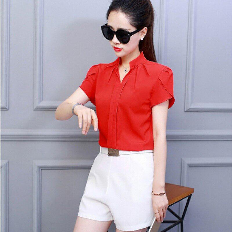 White Shirt Female Short Sleeve Shirt Fashion Bodycon Leisure Chiffon Blouse Tops