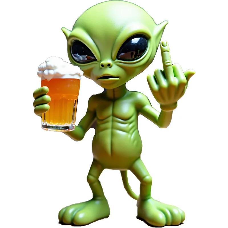 1Pc Funny Alien Statue Sculpture - Resin Beer Drinking Alien Resin Vivid Expression Waterproof For Garden Middle Finger Alien