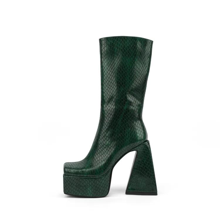 Fashion New Stone Pattern Side Zipper Thick Heel Mid-calf Boots Women Square Headed Waterproof platform Short Plush Winter Boots Size 45