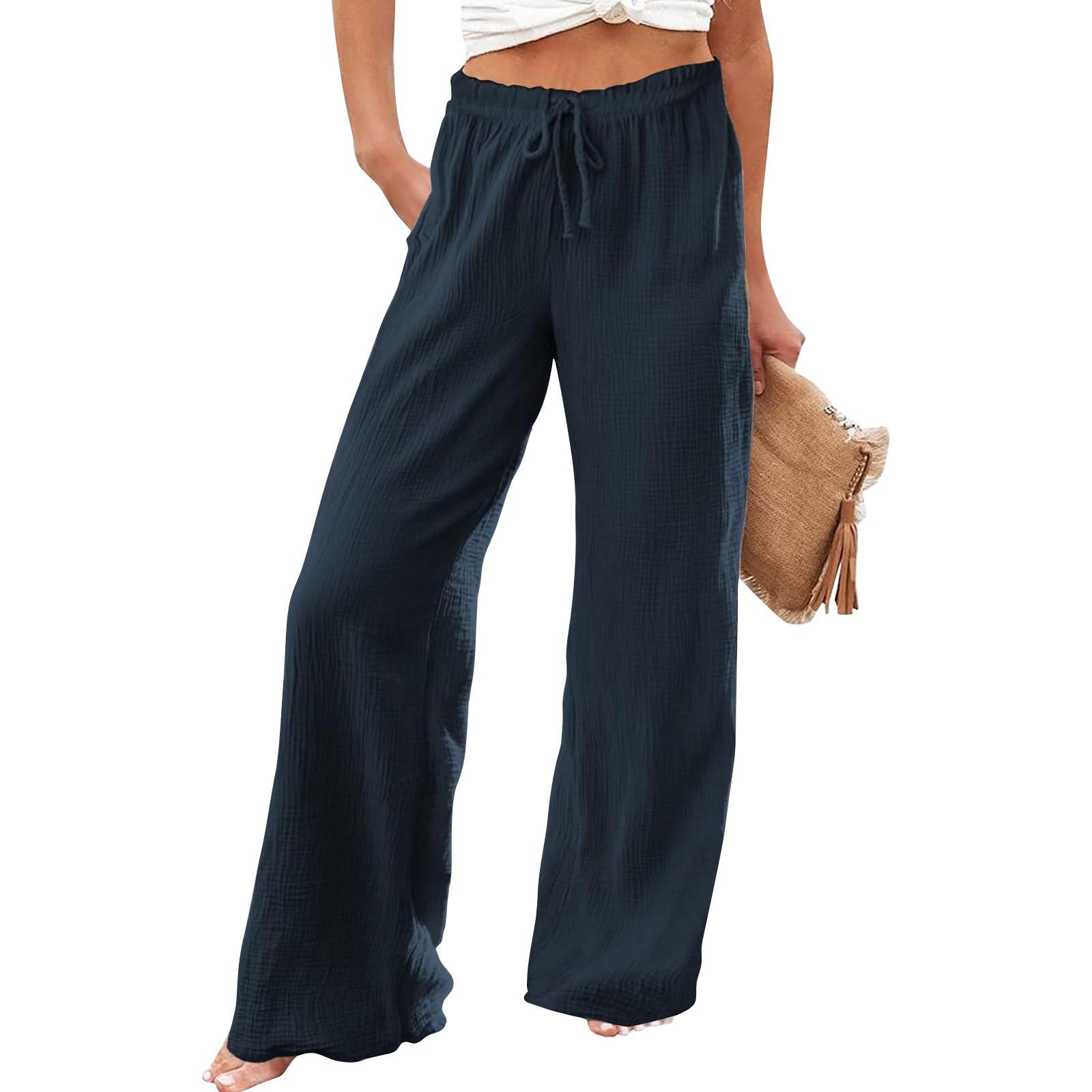 

Women s 2026 High-Waist Loose Wide-Leg Drawstring Pants - Solid Color, Commuting/Casual Style Small темно-синього кольору