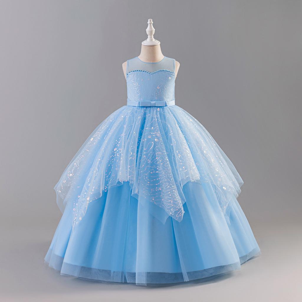 Girls' Sleeveless Princess Print Puff Skirt Evening Gown for Choir and Summer