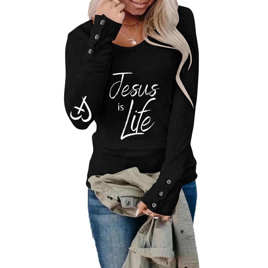 Tshirts For Women Long Sleeve,Round Sleeve Vertical Cross Casual Graphic Shirt,