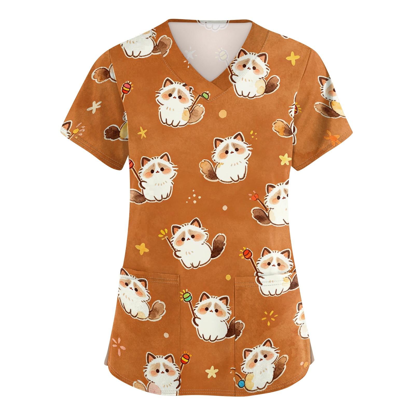 

Women s V Neck Short Sleeve Work Shirt with Pockets Animal Print Top Medical Scrub Uniform for Healthcare Professionals Comfortable Fit XXL шафрановий