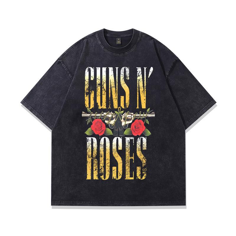 230G Heavy Cotton Washed Short-Sleeved T-Shirt American Rock Retro Skull Vintage Printed Half-Sleeved Men