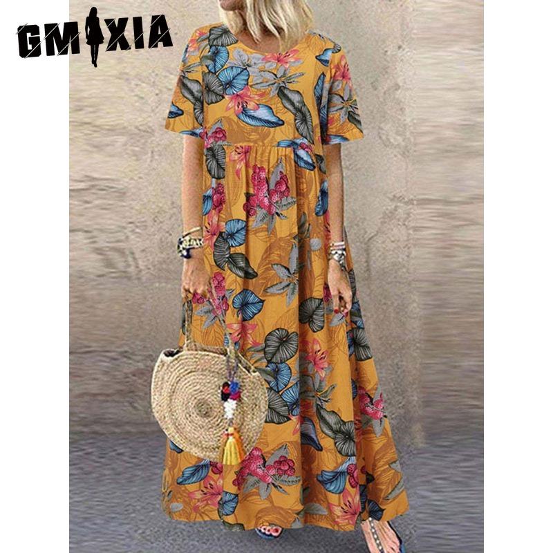 

GMXIA женские модные летние весенние однотонные повседневные платья с коротким рукавом и круглым вырезом с высокой талией и принтом XXXL жёлтый