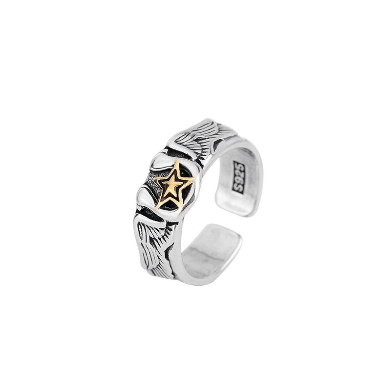 New Arrival Retro Eagle's Wings Star Design Thai Silver Men Hip Hop Punk Party Ring Jewelry for Male Christmas Gifts No Fade