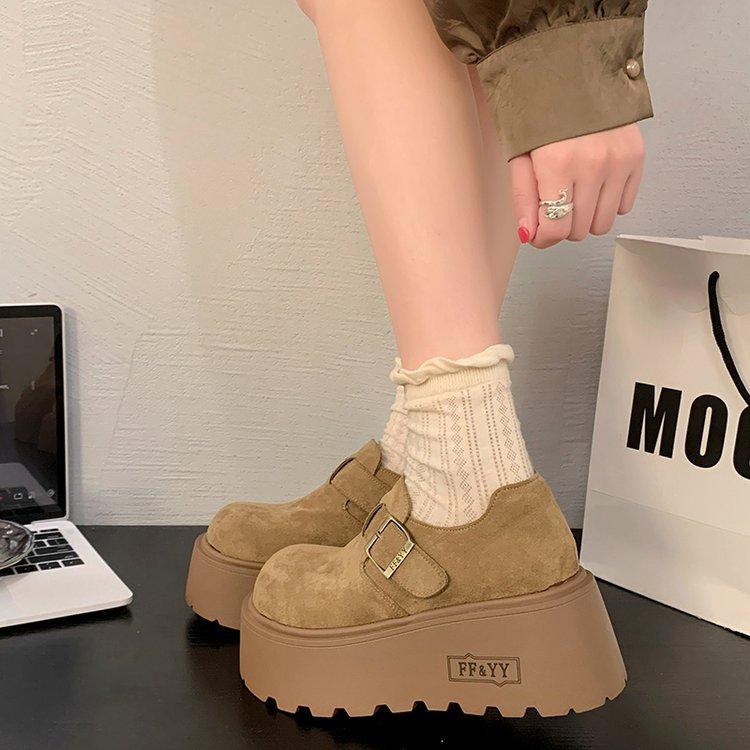 Suede muffin thick-soled Boken shoes for women's 2025 early spring new models, small people increase in height, round head and one pedal, loafers.
