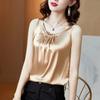 Women Sleeveless Blouse Satin Tank Top Round Neck Button Decoration Casual Shirt Vest Summer Lightweight Soft Fabric