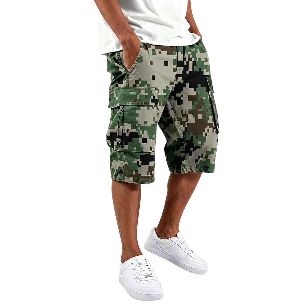 Herren Cargo-Shorts Mehrere Taschen Kordelzug Taille Lockerer Schnitt Knielang Camouflage-Muster Lässige Hose