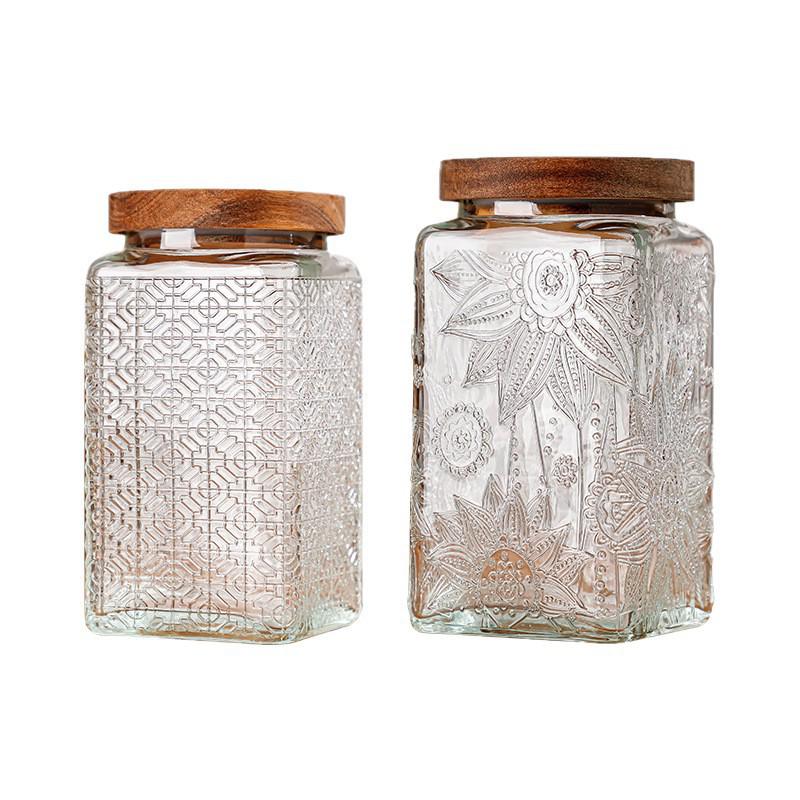 Retro Carved Storage Jar with Acacia Wood Lid for Grains, Dried Fruits, and Snacks