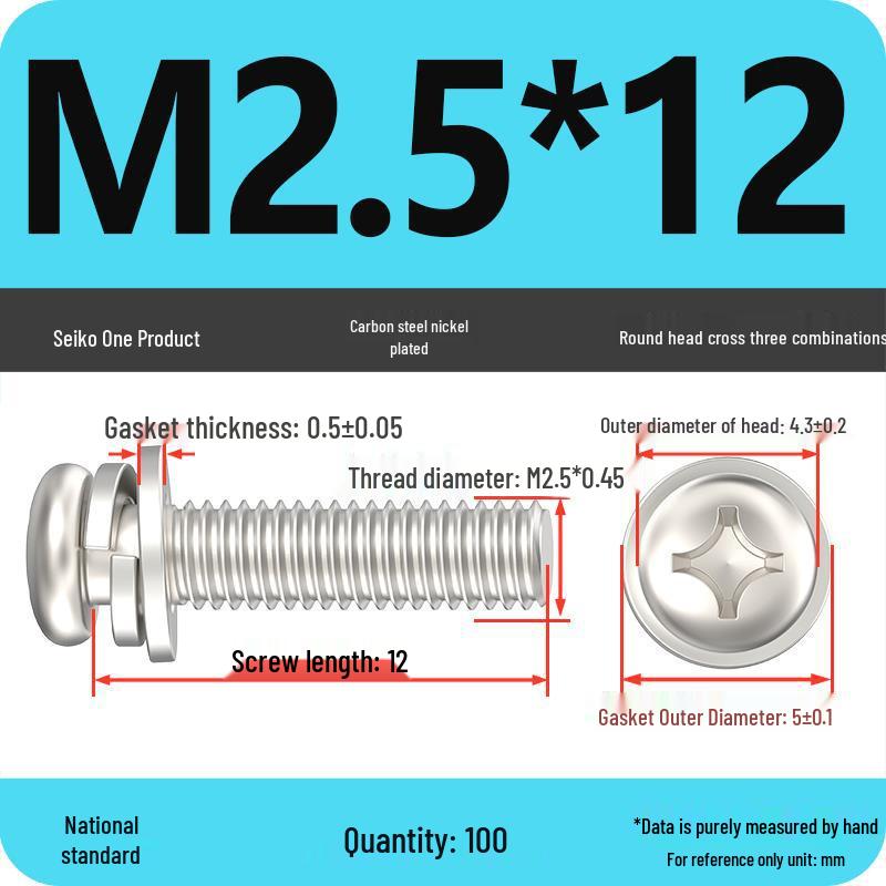 Nickel-Plated Phillips Pan Head Screw with Washer, M2-M6 Thread