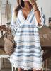 2025 new European and American vacation style V-neck bohemian print lace edge dress women's short-sleeved loose A