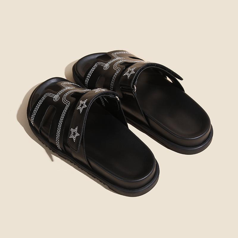 Su Yinyin's Second Uncle Slippers of the Same Style, Women Wear Ugly and Cute Leather H Slippers, Five-pointed Star Velcro One-word Drag Women